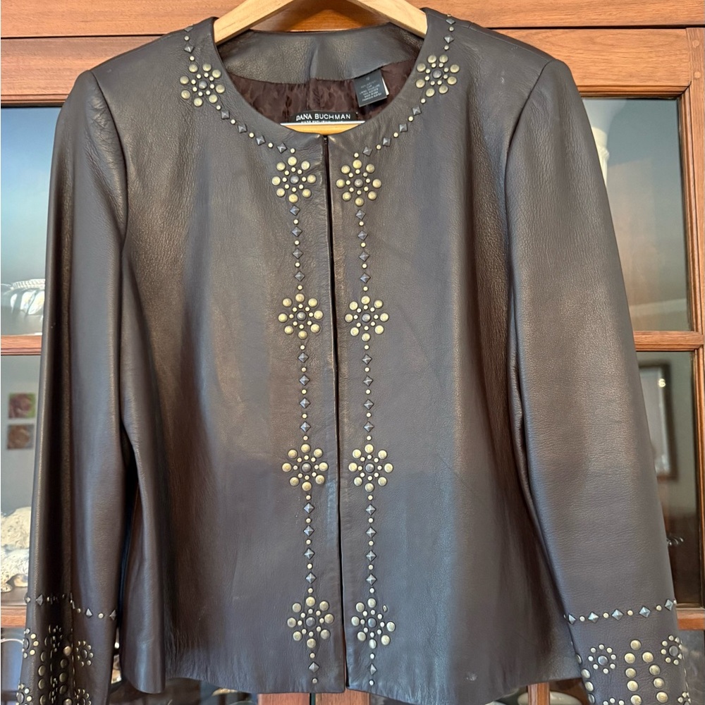 Dana Buchman for Neiman Marcus Vintage Brown Leather Jacket with Studded Design